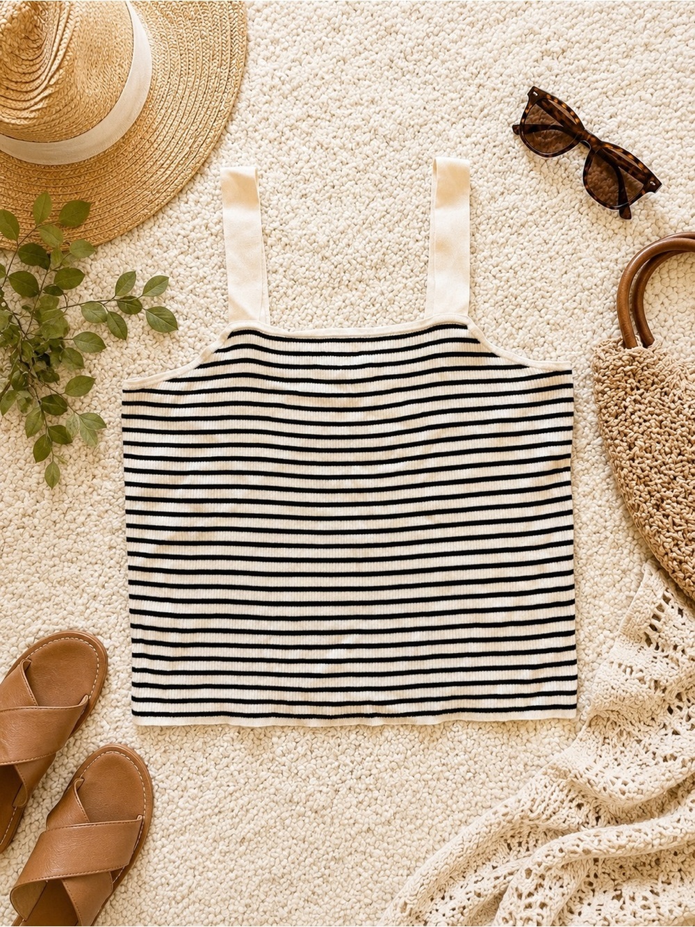 BeachLunchLounge Striped Ribbed Knit Tank Top XXL Black White Coastal Summer